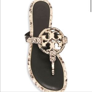 New Tory Burch Miller Metal Snakeskin-Embossed Leather Thong
Sandals SZ 9